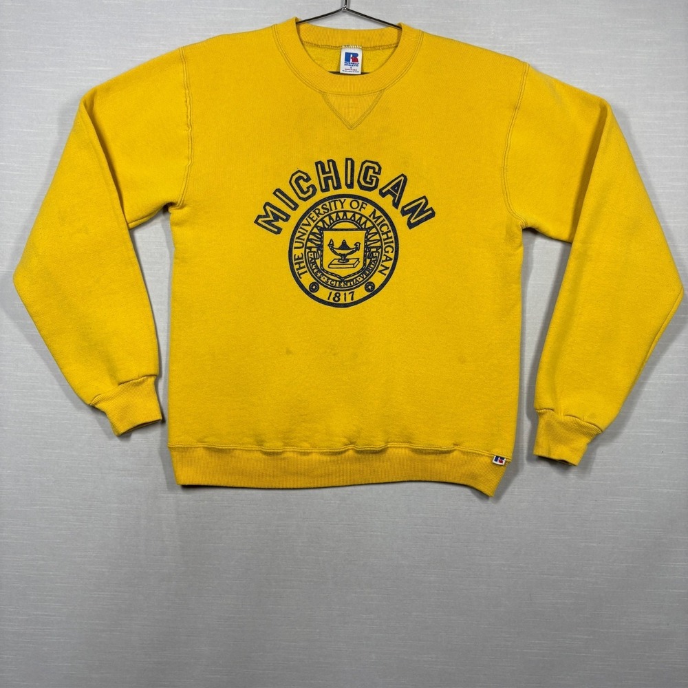 Vintage Russell Athletic Michigan Sweatshirt Men Small Yellow U of M USA